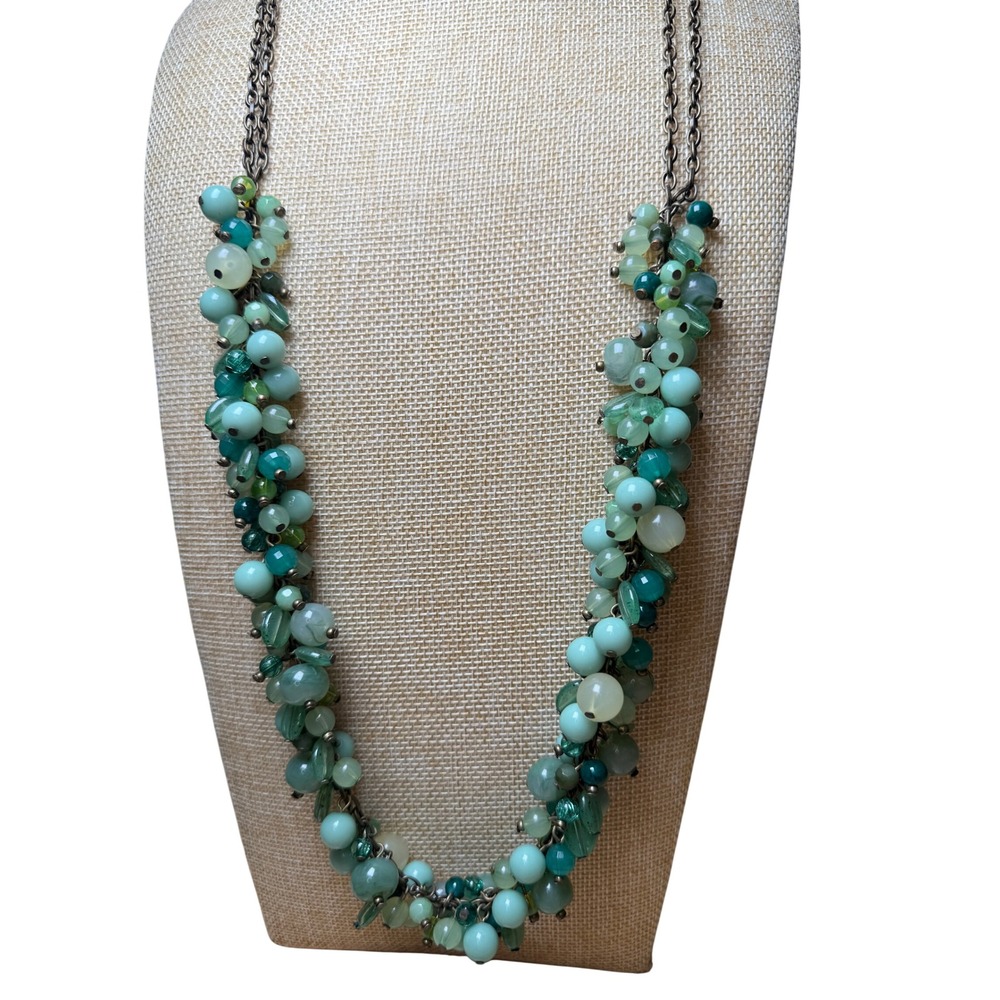 Brass Green Glass Resin Bead Cluster Statement Necklace Vintage Style